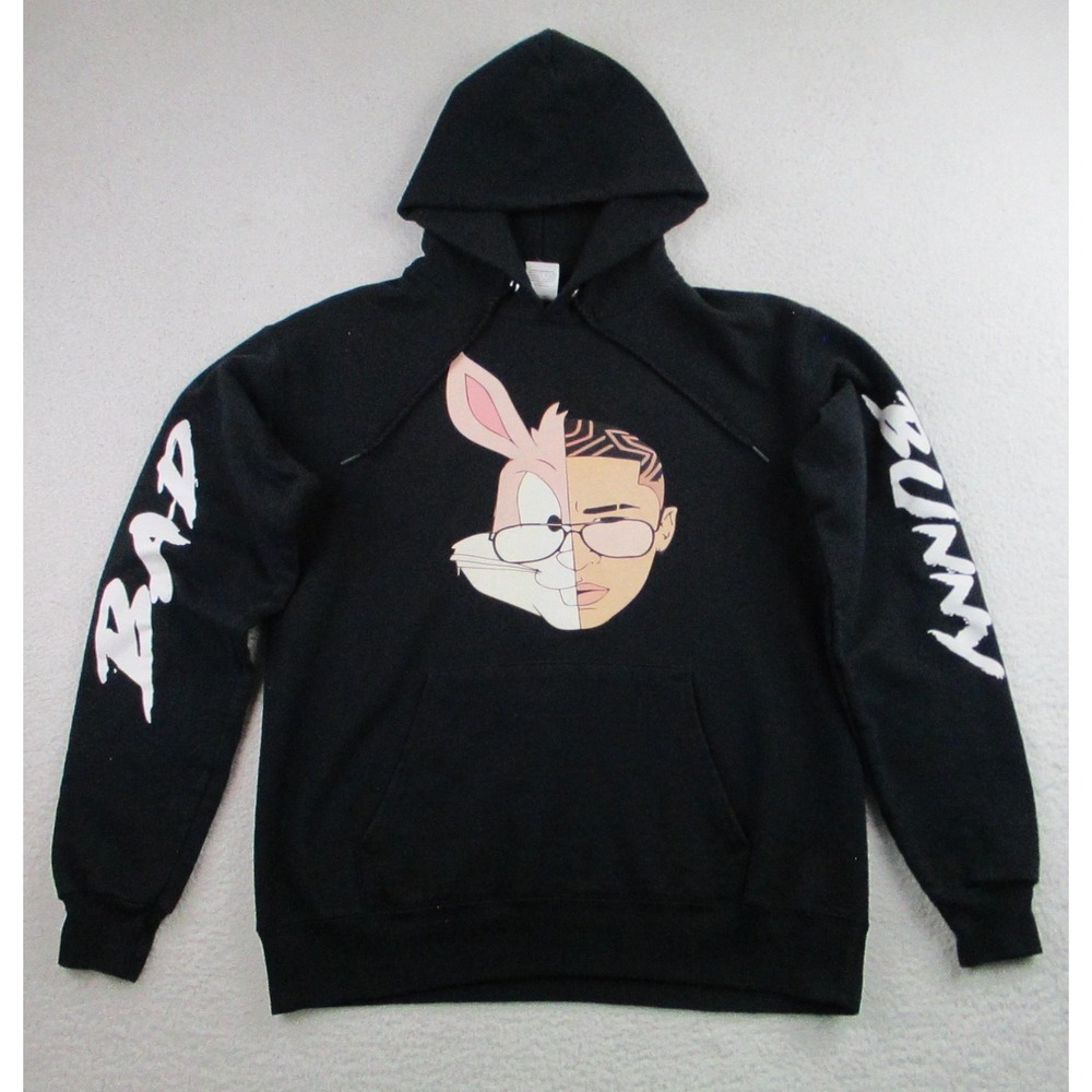 Bad Bunny Hoodie Mens Small Black Bugs Bunny Graphic Sleeve Print Pullover Hanes